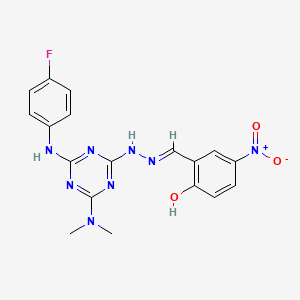 2-[(E)-{2-[4-(DIMETHYLAMINO)-6-[(4-FLUOROPHENYL)AMINO]-1,3,5-TRIAZIN-2-YL]HYDRAZIN-1-YLIDENE}METHYL]-4-NITROPHENOL - 