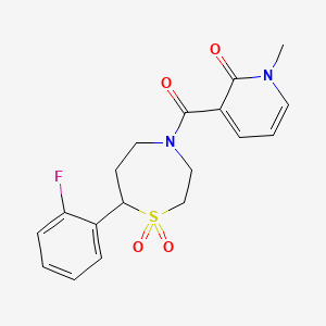 7-(2-fluorophenyl)-4-(1-methyl-2-oxo-1,2-dihydropyridine-3-carbonyl)-1lambda6,4-thiazepane-1,1-dione - 2034457-77-5