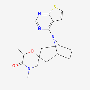 4',6'-dimethyl-8-{thieno[2,3-d]pyrimidin-4-yl}-8-azaspiro[bicyclo[3.2.1]octane-3,2'-morpholin]-5'-one - 2640818-93-3