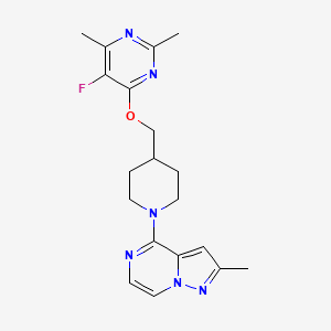 5-fluoro-2,4-dimethyl-6-[(1-{2-methylpyrazolo[1,5-a]pyrazin-4-yl}piperidin-4-yl)methoxy]pyrimidine - 2640819-32-3