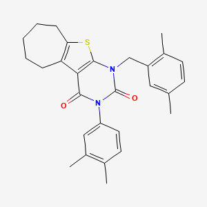 4-(3,4-dimethylphenyl)-6-[(2,5-dimethylphenyl)methyl]-8-thia-4,6-diazatricyclo[7.5.0.0^{2,7}]tetradeca-1(9),2(7)-diene-3,5-dione - 899782-77-5