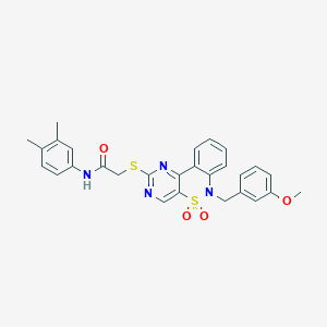N-(3,4-dimethylphenyl)-2-({9-[(3-methoxyphenyl)methyl]-8,8-dioxo-8lambda6-thia-3,5,9-triazatricyclo[8.4.0.0^{2,7}]tetradeca-1(14),2(7),3,5,10,12-hexaen-4-yl}sulfanyl)acetamide - 892313-07-4