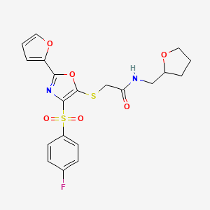 2-({4-[(4-fluorophenyl)sulfonyl]-2-(furan-2-yl)-1,3-oxazol-5-yl}sulfanyl)-N-(tetrahydrofuran-2-ylmethyl)acetamide - 