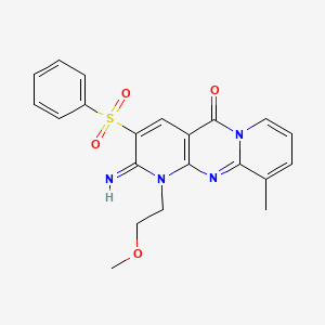 5-(benzenesulfonyl)-6-imino-7-(2-methoxyethyl)-11-methyl-1,7,9-triazatricyclo[8.4.0.03,8]tetradeca-3(8),4,9,11,13-pentaen-2-one - 371137-97-2