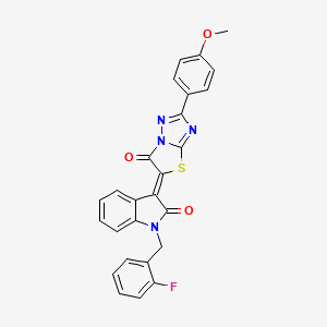 (3Z)-1-(2-Fluorobenzyl)-3-(2-(4-methoxyphenyl)-6-oxo[1,3]thiazolo[3,2-B][1,2,4]triazol-5(6H)-ylidene)-1,3-dihydro-2H-indol-2-one - 606961-53-9