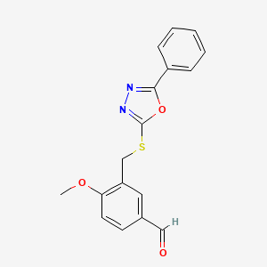 4-Methoxy-3-{[(5-phenyl-1,3,4-oxadiazol-2-yl)thio]methyl}benzaldehyde - 1172568-89-6