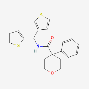 4-phenyl-N-(thiophen-2-yl(thiophen-3-yl)methyl)tetrahydro-2H-pyran-4-carboxamide - 2034605-44-0