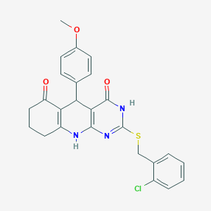 2-((2-chlorobenzyl)thio)-5-(4-methoxyphenyl)-7,8,9,10-tetrahydropyrimido[4,5-b]quinoline-4,6(3H,5H)-dione - 537043-94-0