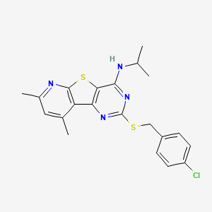 4-[(4-chlorophenyl)methylsulfanyl]-11,13-dimethyl-N-propan-2-yl-8-thia-3,5,10-triazatricyclo[7.4.0.02,7]trideca-1(9),2(7),3,5,10,12-hexaen-6-amine - 478065-75-7