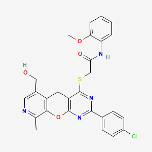 2-{[5-(4-chlorophenyl)-11-(hydroxymethyl)-14-methyl-2-oxa-4,6,13-triazatricyclo[8.4.0.0^{3,8}]tetradeca-1(10),3(8),4,6,11,13-hexaen-7-yl]sulfanyl}-N-(2-methoxyphenyl)acetamide - 892383-98-1