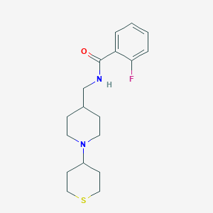 2-fluoro-N-((1-(tetrahydro-2H-thiopyran-4-yl)piperidin-4-yl)methyl)benzamide - 2034616-18-5