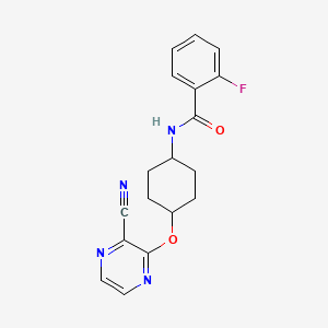 2-fluoro-N-[(1r,4r)-4-[(3-cyanopyrazin-2-yl)oxy]cyclohexyl]benzamide - 2034580-58-8