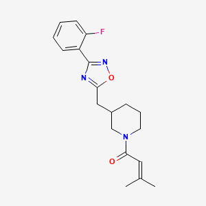 1-(3-((3-(2-Fluorophenyl)-1,2,4-oxadiazol-5-yl)methyl)piperidin-1-yl)-3-methylbut-2-en-1-one - 1705878-87-0