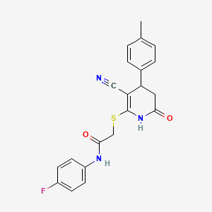 2-((3-cyano-6-oxo-4-(p-tolyl)-1,4,5,6-tetrahydropyridin-2-yl)thio)-N-(4-fluorophenyl)acetamide - 384357-05-5