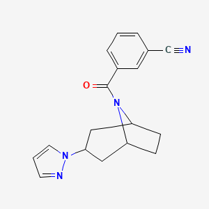 3-[3-(1H-pyrazol-1-yl)-8-azabicyclo[3.2.1]octane-8-carbonyl]benzonitrile - 2319805-61-1