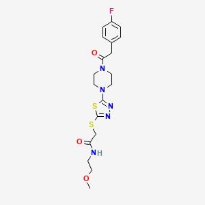 2-((5-(4-(2-(4-fluorophenyl)acetyl)piperazin-1-yl)-1,3,4-thiadiazol-2-yl)thio)-N-(2-methoxyethyl)acetamide - 1105227-76-6