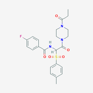 4-fluoro-N-(2-oxo-2-(4-propionylpiperazin-1-yl)-1-tosylethyl)benzamide - 1032187-18-0