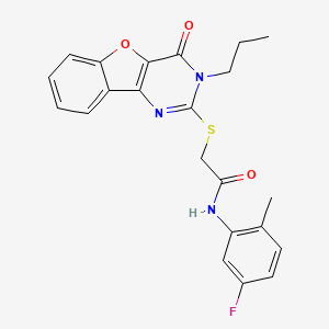 N-(5-fluoro-2-methylphenyl)-2-({6-oxo-5-propyl-8-oxa-3,5-diazatricyclo[7.4.0.0^{2,7}]trideca-1(9),2(7),3,10,12-pentaen-4-yl}sulfanyl)acetamide - 899755-91-0