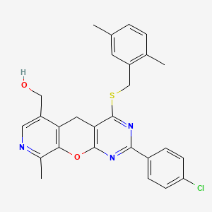 [5-(4-Chlorophenyl)-7-{[(2,5-dimethylphenyl)methyl]sulfanyl}-14-methyl-2-oxa-4,6,13-triazatricyclo[8.4.0.0^{3,8}]tetradeca-1(10),3(8),4,6,11,13-hexaen-11-yl]methanol - 892417-57-1