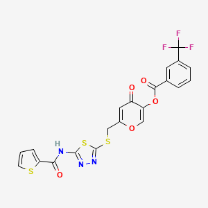 4-oxo-6-(((5-(thiophene-2-carboxamido)-1,3,4-thiadiazol-2-yl)thio)methyl)-4H-pyran-3-yl 3-(trifluoromethyl)benzoate - 877643-42-0