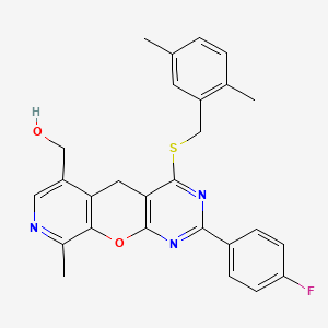 (7-{[(2,5-Dimethylphenyl)methyl]sulfanyl}-5-(4-fluorophenyl)-14-methyl-2-oxa-4,6,13-triazatricyclo[8.4.0.0^{3,8}]tetradeca-1(10),3(8),4,6,11,13-hexaen-11-yl)methanol - 892418-00-7