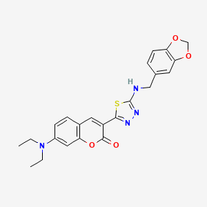 3-(5-((benzo[d][1,3]dioxol-5-ylmethyl)amino)-1,3,4-thiadiazol-2-yl)-7-(diethylamino)-2H-chromen-2-one - 850781-75-8