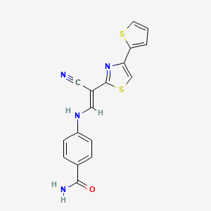 (E)-4-((2-cyano-2-(4-(thiophen-2-yl)thiazol-2-yl)vinyl)amino)benzamide - 1021219-07-7
