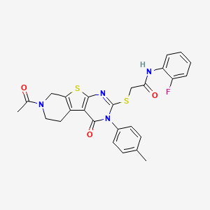 2-{[11-acetyl-4-(4-methylphenyl)-3-oxo-8-thia-4,6,11-triazatricyclo[7.4.0.0^{2,7}]trideca-1(9),2(7),5-trien-5-yl]sulfanyl}-N-(2-fluorophenyl)acetamide - 1189958-55-1